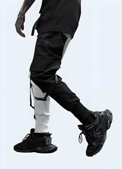 Side view of a man wearing black and white cargo pants in the Canada, highlighting the contemporary style and versatile design suitable for various occasions.