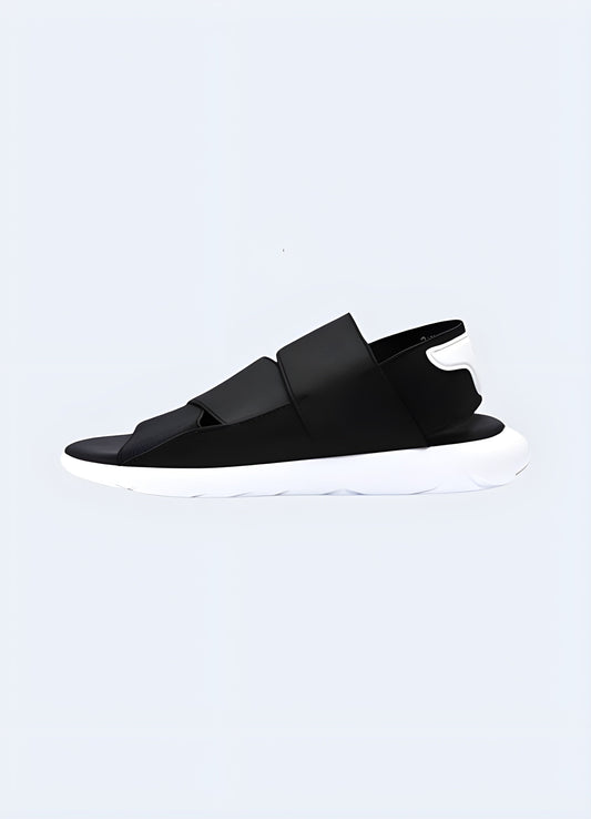 Black and white ninja sandals, front side view, available in Canada, highlighting contemporary look and versatile design.