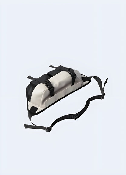 Front view of a black and white sling bag, showcasing its contrasting color design and sleek, minimalist style Canada.