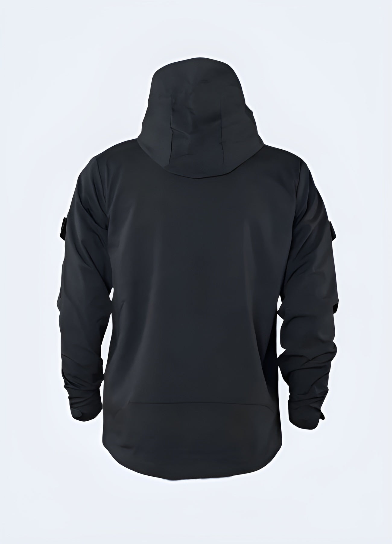 Back view of a cutting-edge black army techwear jacket, showcasing its streamlined design and functional features for Canadian city dwellers and tech enthusiasts.