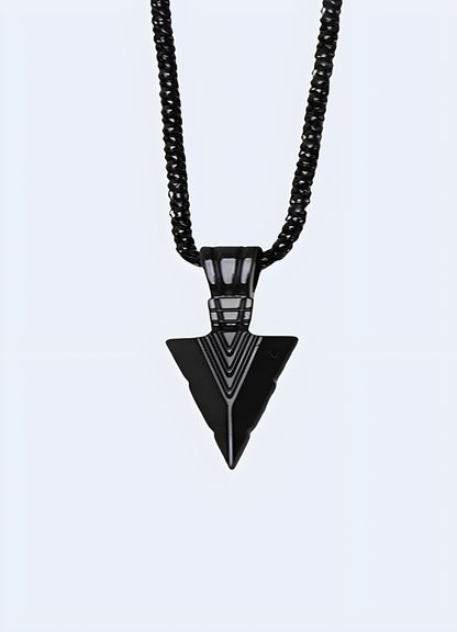 Front view of a stylish black arrowhead necklace on a model in the Canada.