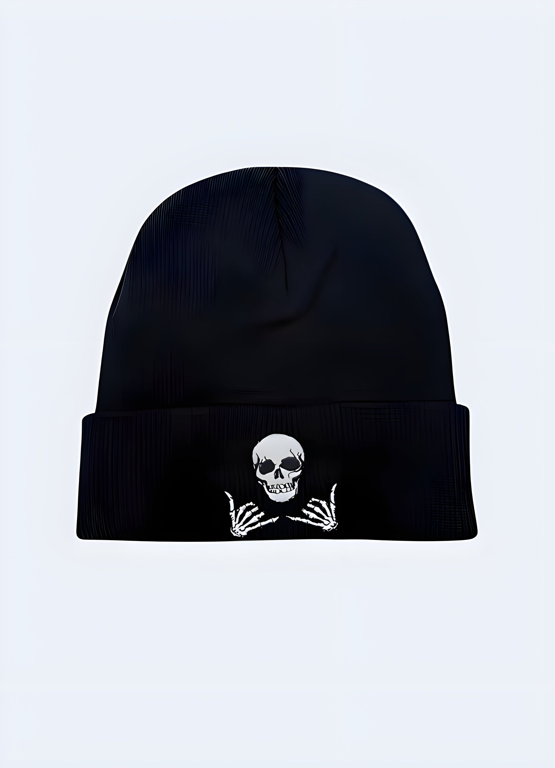 Front view of a black beanie featuring a prominent skull design Canada.