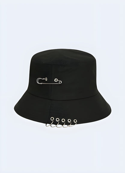 Black bucket hat with rings, showcasing a stylish, edgy design Canada.