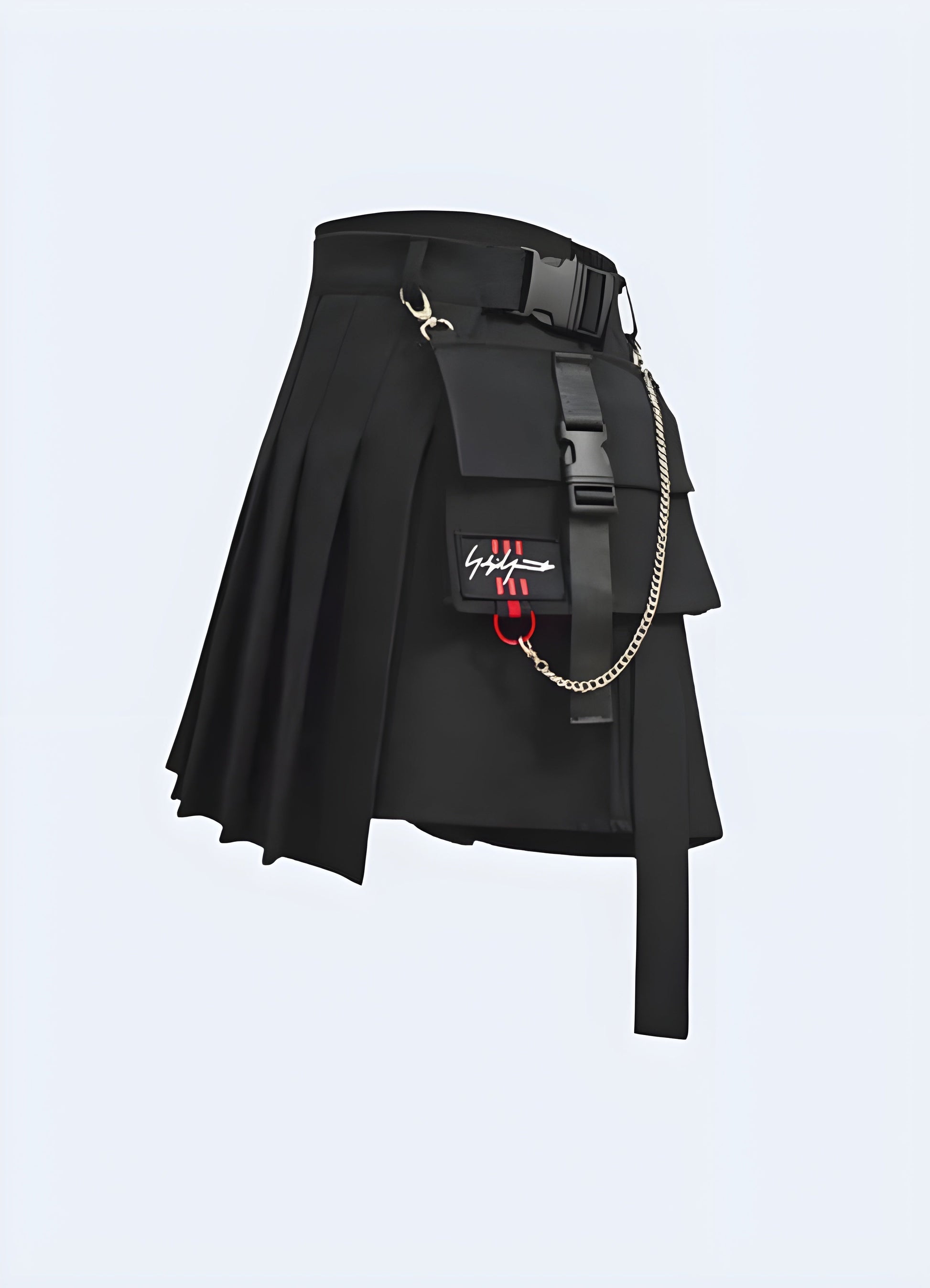 Side view of a black cargo mini skirt, emphasizing its distinct cargo-inspired features and versatile style for adventurous women.