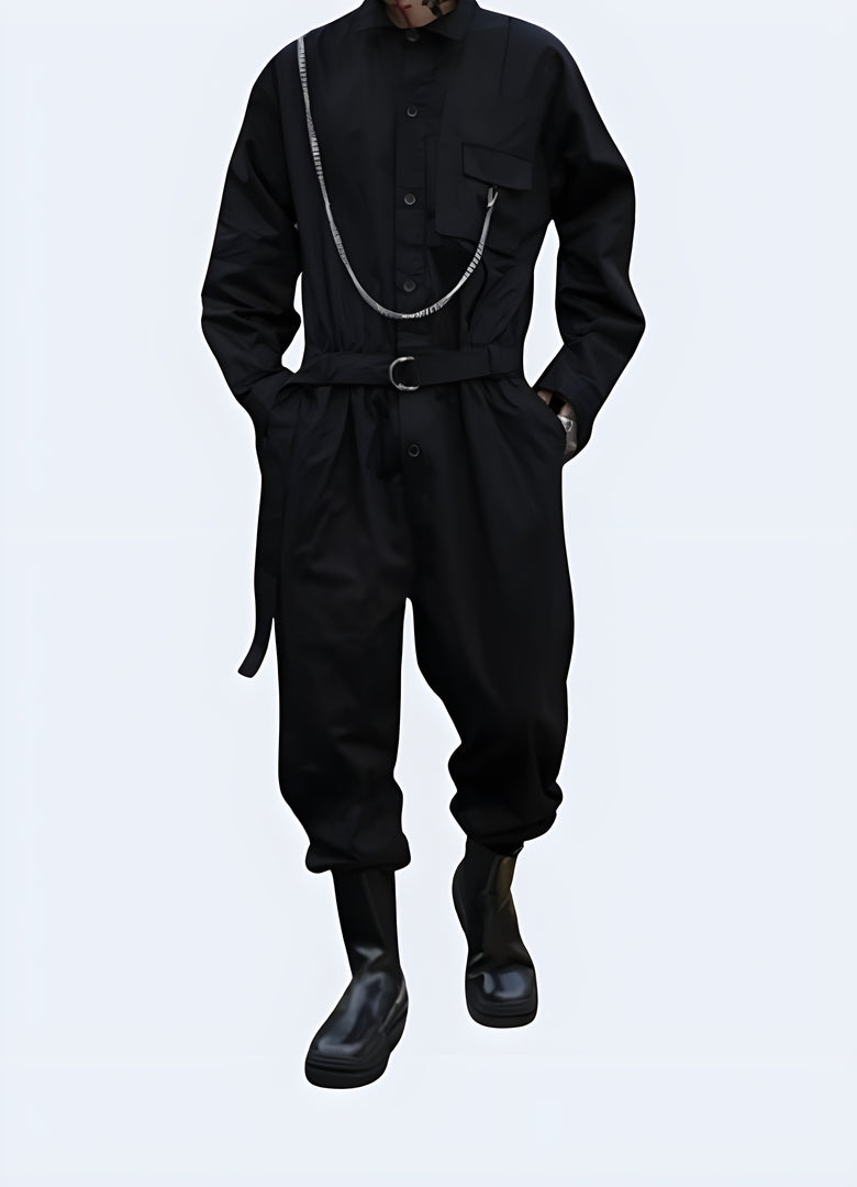 Black cargo overalls front view – stylish and functional overalls with multiple utility pockets and adjustable straps, available in Canada.