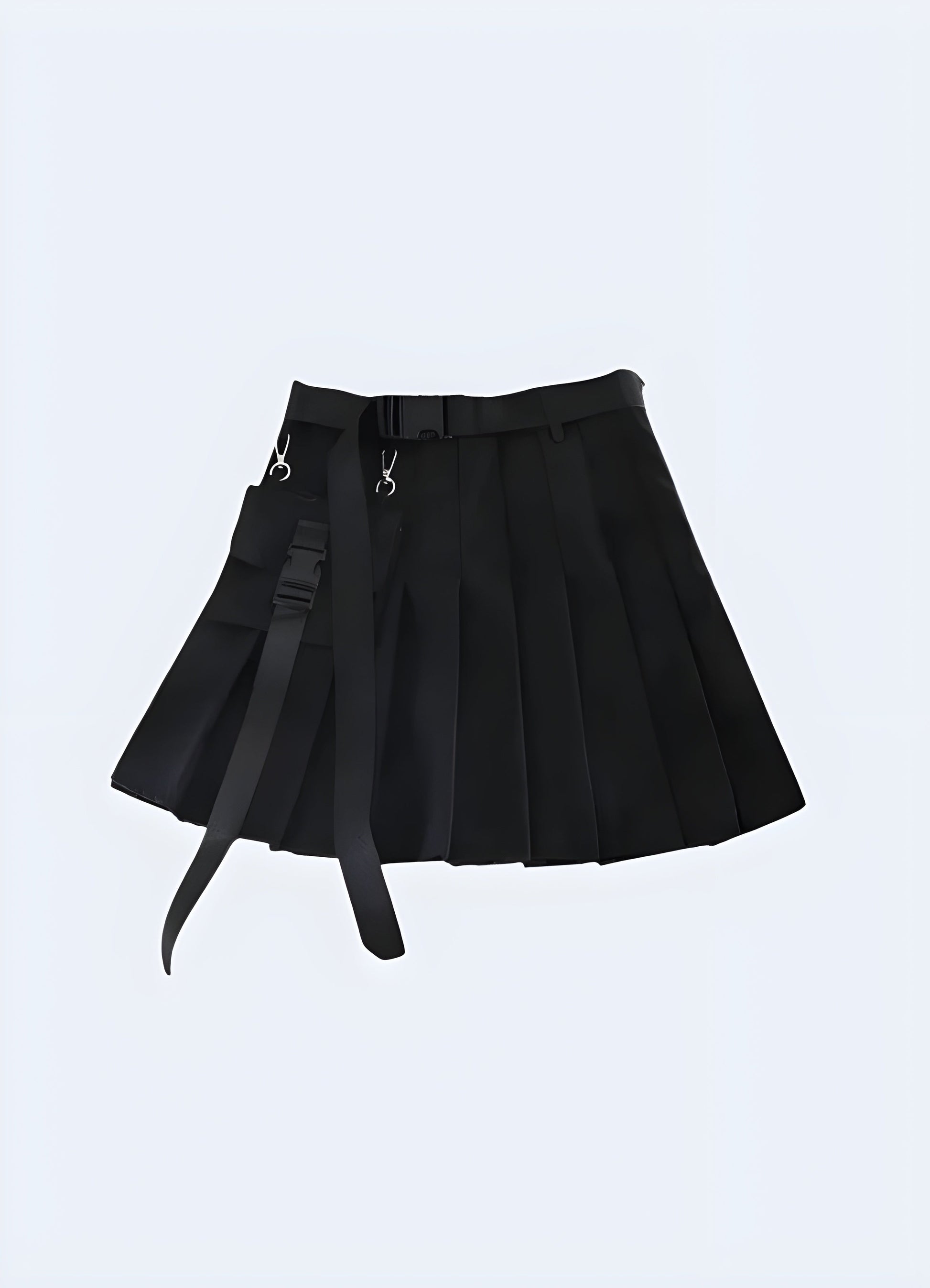 Front view of a black cargo pleated mini skirt, highlighting its rugged aesthetics and practical design for a standout fashion statement in the Canada.