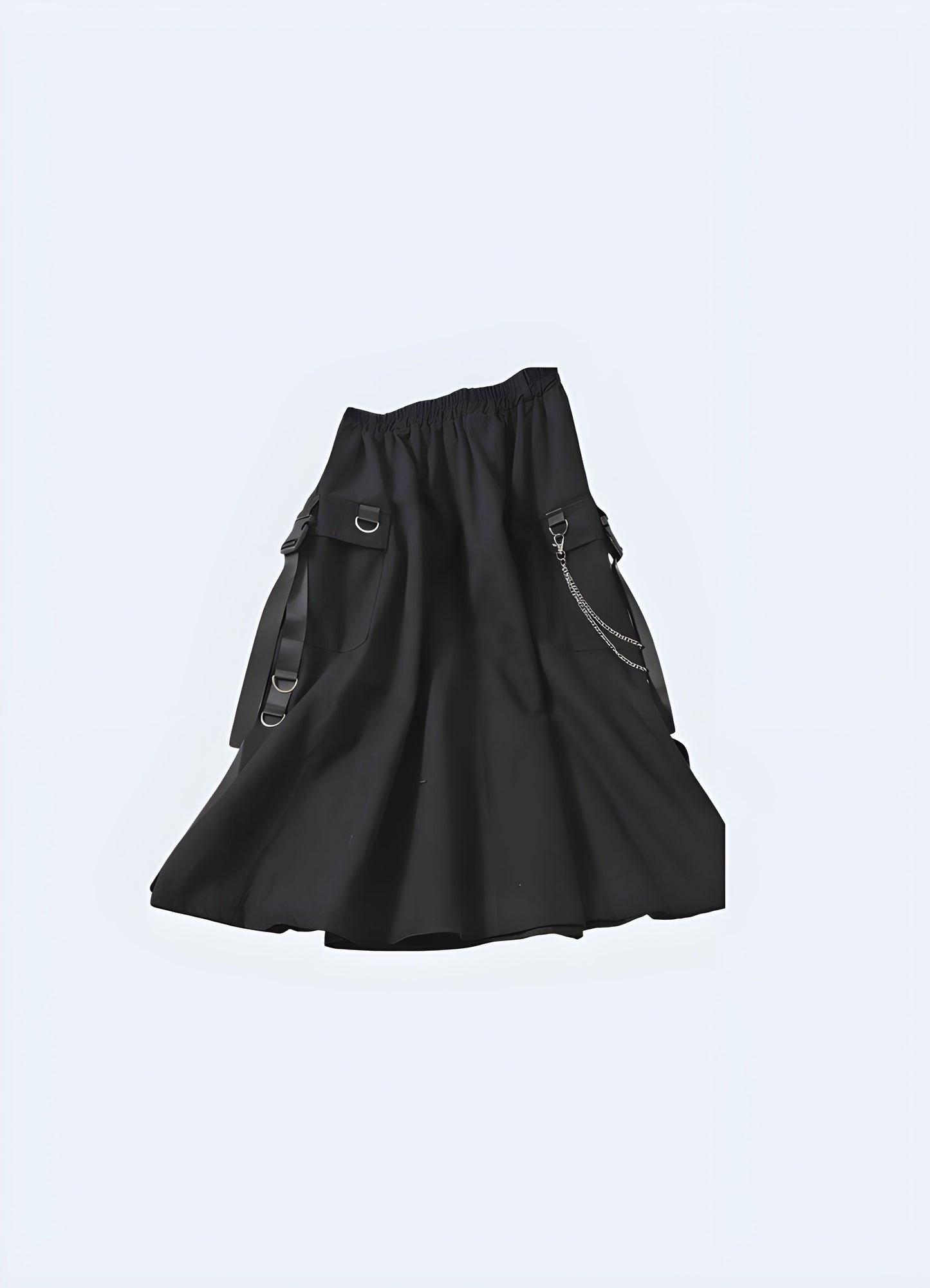 Front view of a black cargo maxi skirt, emphasizing its sleek aesthetics and practical features for fashion-conscious women seeking a statement piece in the Canada.