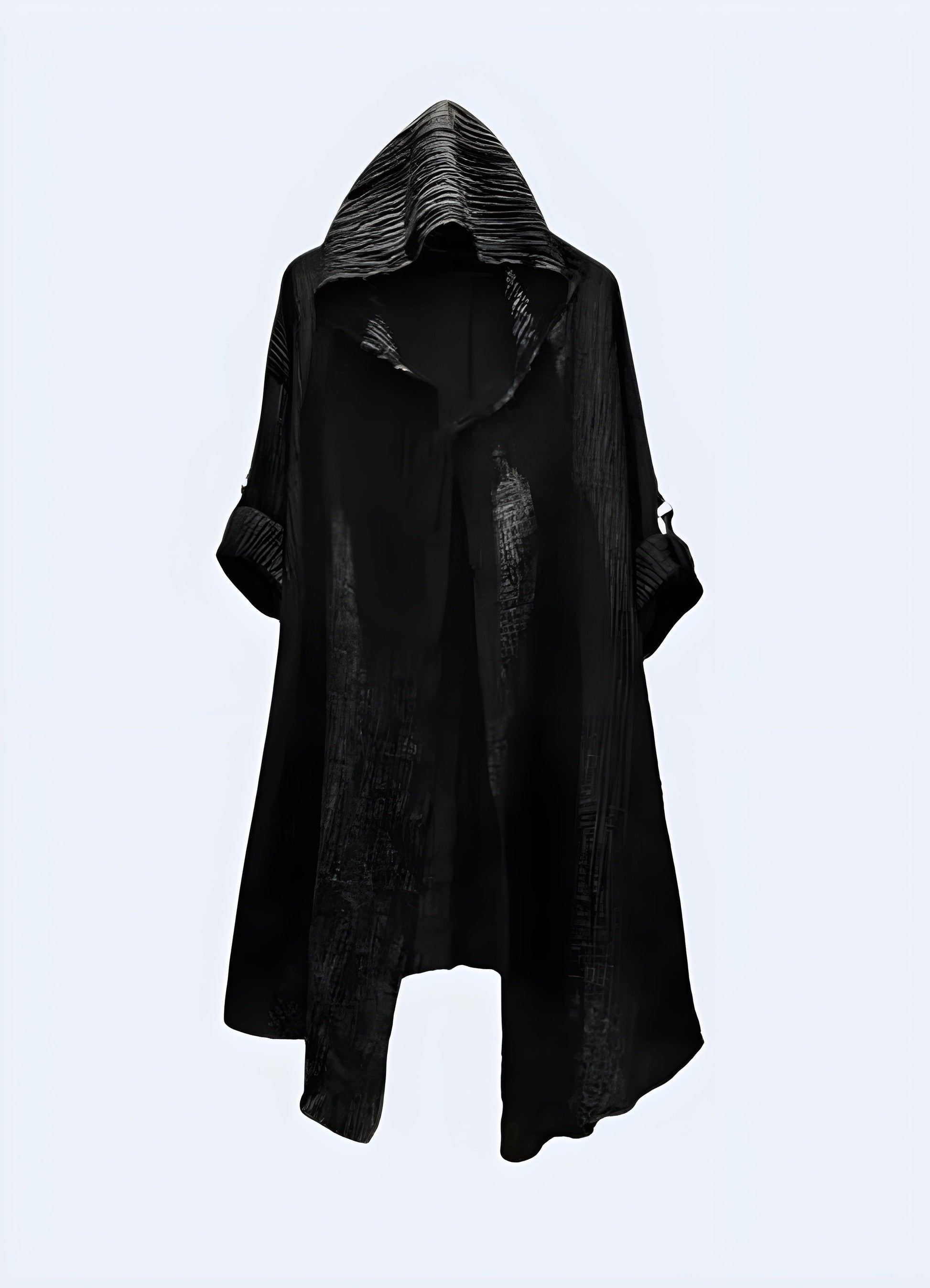 Front view of a black cloak with a hood, emphasizing its sleek design and versatile features, ideal for adding a touch of mystery and intrigue to any outfit in the Canada.