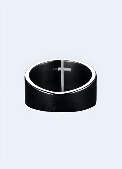 Black cross ring displayed from the back and side views, showcasing its unique cross design Canada.