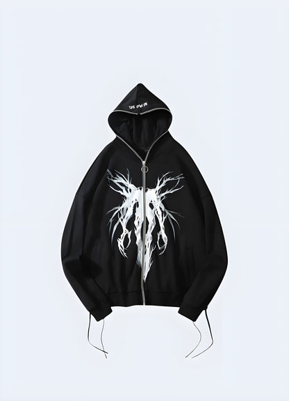 Black grunge hoodie front view worn by a model, available in Canada, showcasing its unique design and contemporary appeal.