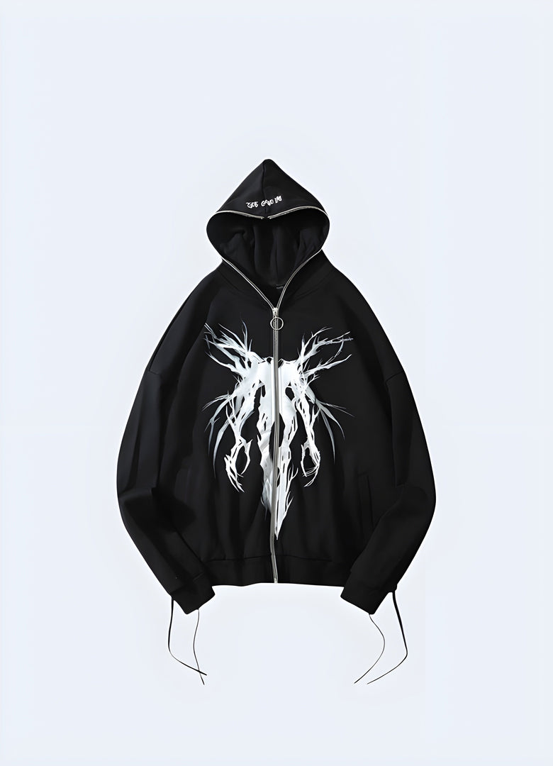 Black grunge hoodie front view worn by a model, available in Canada, showcasing its unique design and contemporary appeal.