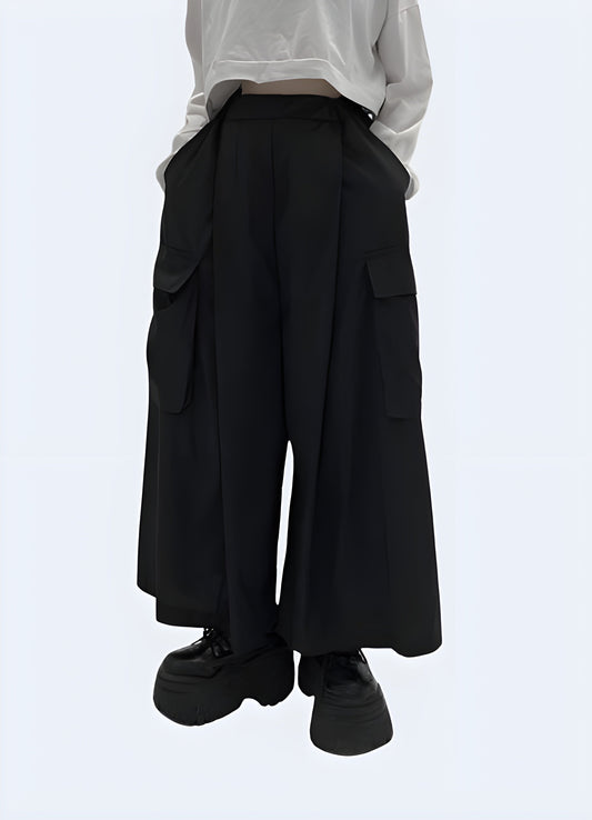 Elegant and versatile black hakama pants for women, perfect for martial arts, traditional Japanese events, and fashion-forward outfits in the Canada.