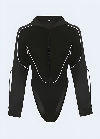 Sleek black hoodie bodysuit with a modern design, perfect for Canada fashion enthusiasts seeking comfortable and stylish urban wear.