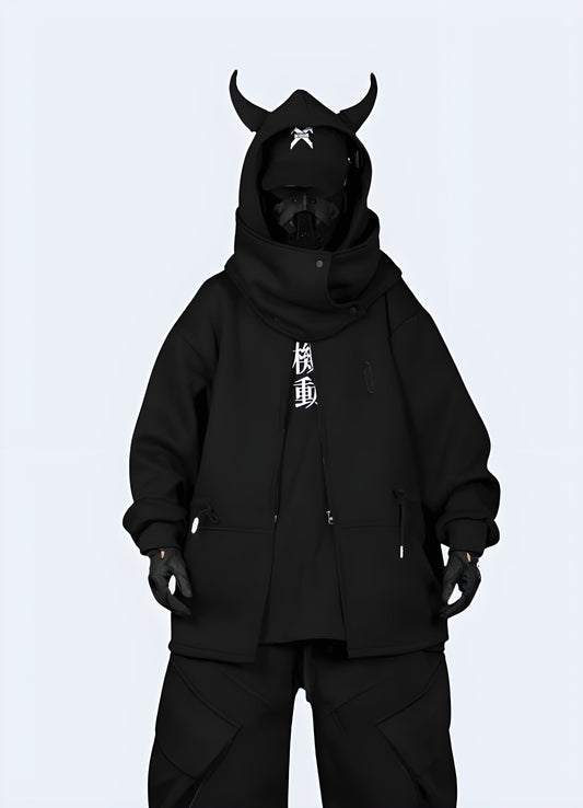 Unique black hoodie with stylish horn details, perfect for making a bold fashion statement in the Canada.