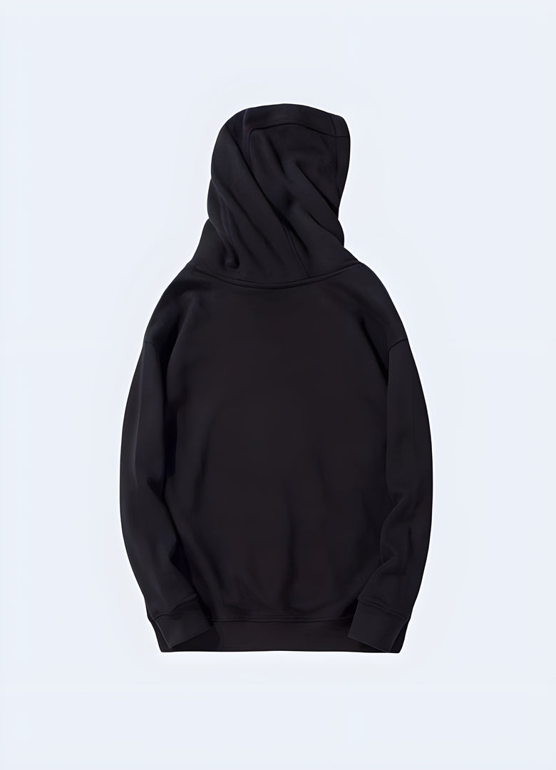 Black Japanese hoodie back view available in Canada, showcasing its modern design and high-quality craftsmanship.