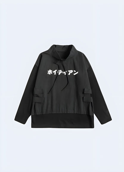 Black Japanese hoodie front view available in Canada, showcasing its modern design and high-quality craftsmanship.