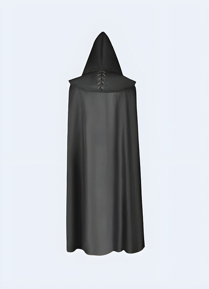 Rear view of a model wearing a black Jedi cloak, showcasing the full-length design and flowing fabric, ideal for Star Wars enthusiasts in the Canada.