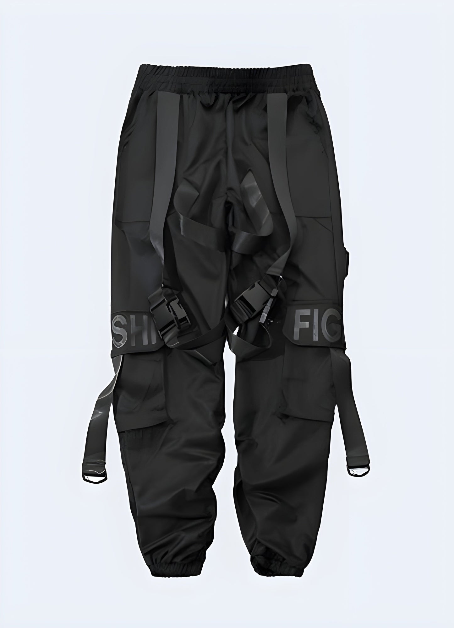 Front view of trendy black jogger cargo pants in Canada, showcasing their modern design and practical utility pockets, ideal for those seeking both comfort and style in their everyday wear.