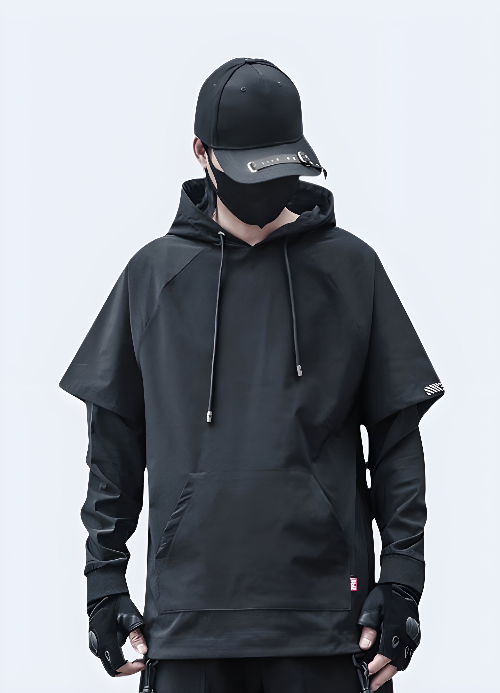 Black layered pullover hoodie available in Canada, offering a trendy and versatile design perfect for any urban outfit.