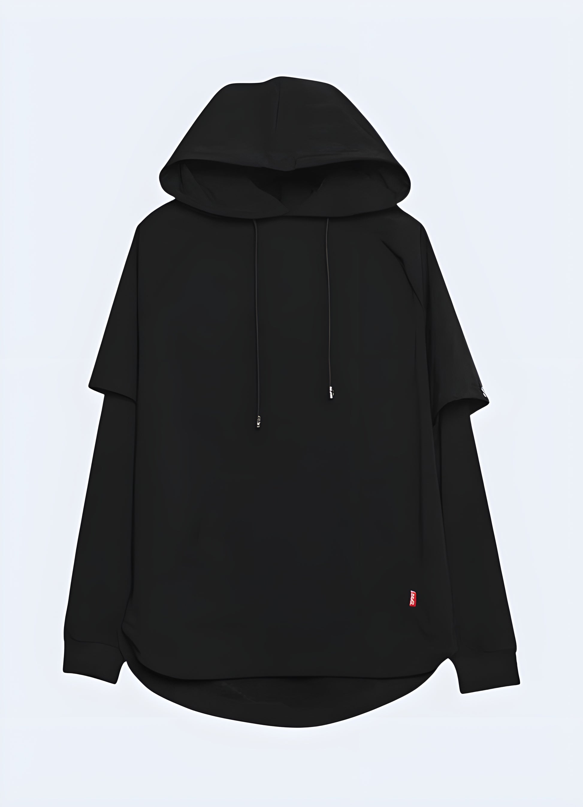 Black layered pullover hoodie in front view, highlighting its stylish layered look and contemporary appeal available in Canada.