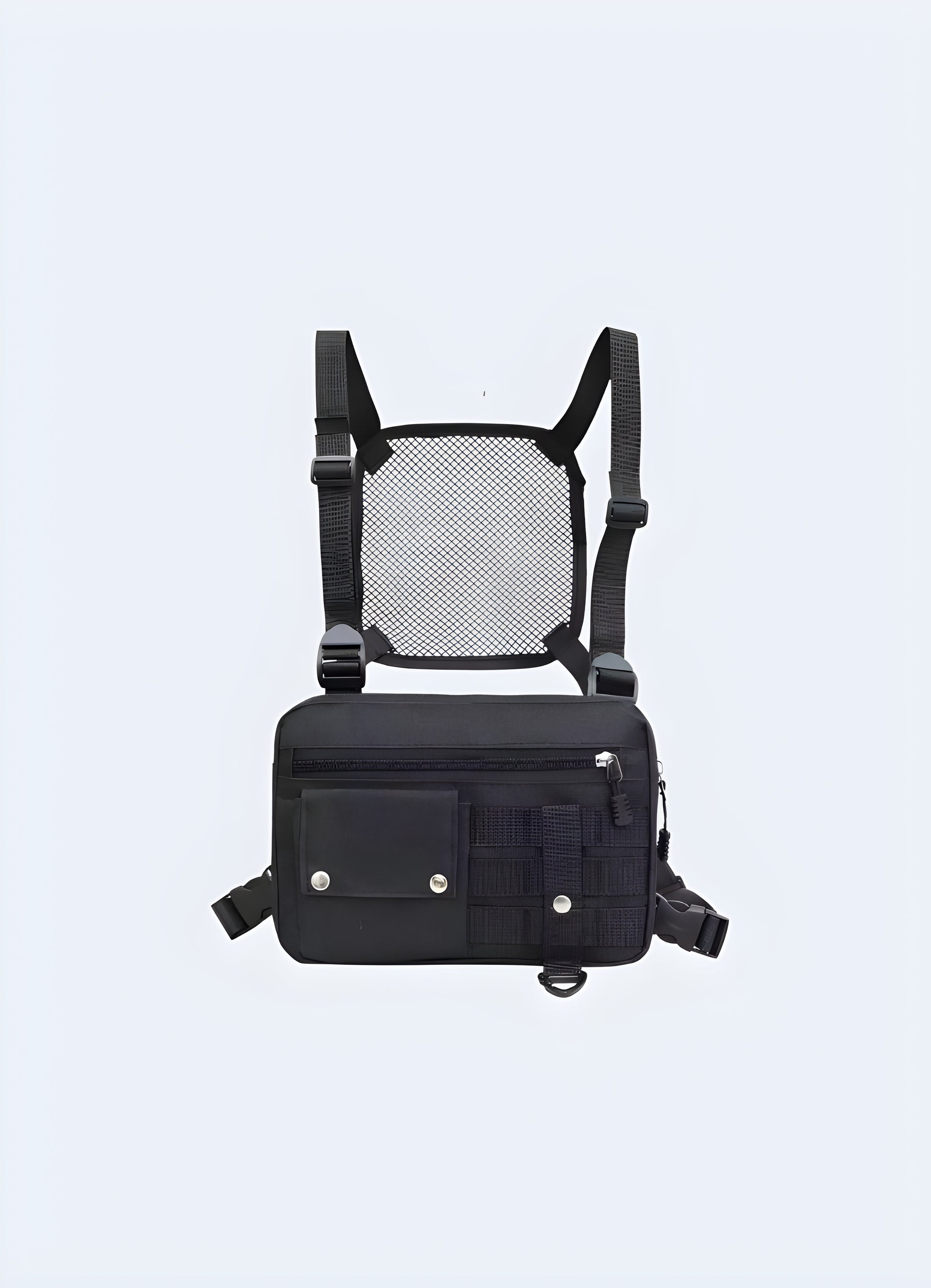 Model wearing a black leather chest bag, viewed from the front. The bag features a smooth leather finish, adjustable straps, and a central compartment with a sleek, minimalist design Canada.