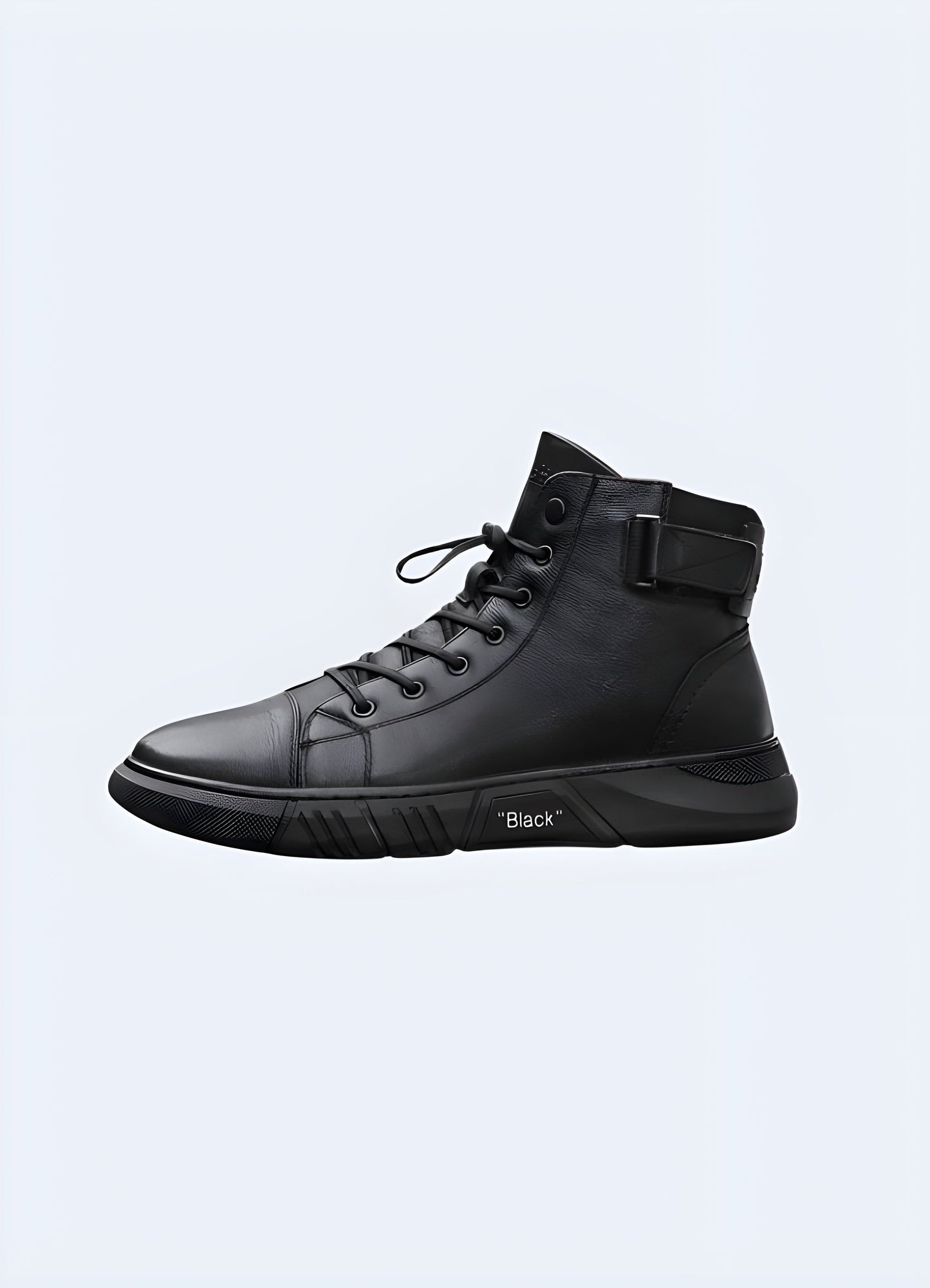 Stylish black leather high-top sneakers with sleek design, perfect for a fashionable urban look in the Canada.