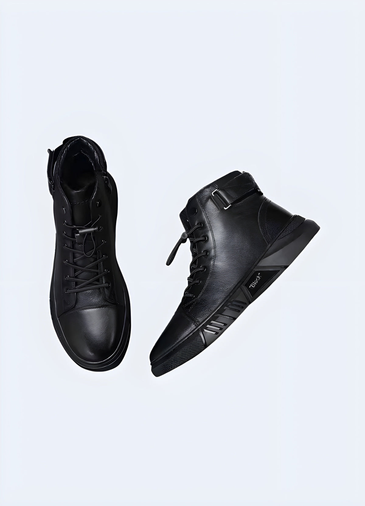 Black leather high top sneakers, front view of the lace-up closure and padded tongue
