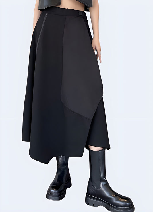 Black long techwear skirt combining a sleek, elongated silhouette with advanced technical fabrics, perfect for fashion enthusiasts seeking a modern and edgy look Canada.