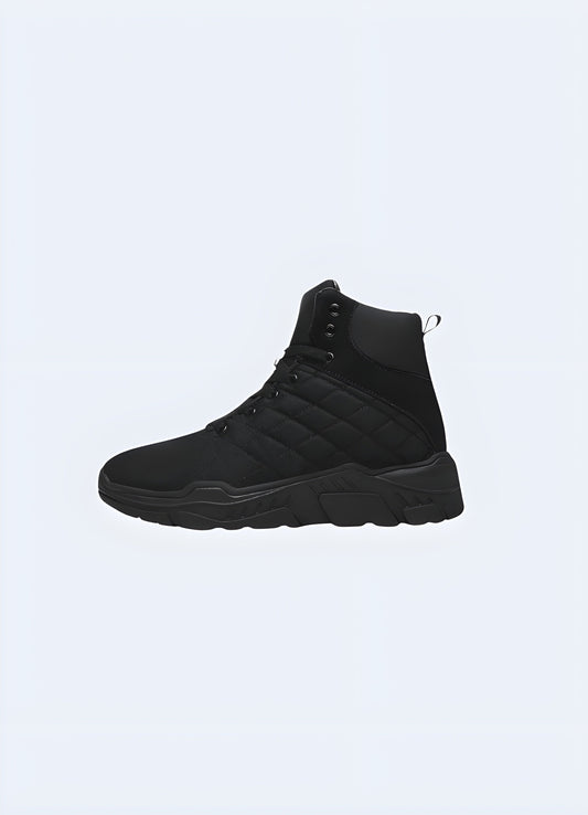 Sleek black techwear shoes with padded design, perfect for urban exploration and futuristic fashion enthusiasts in the Canada.