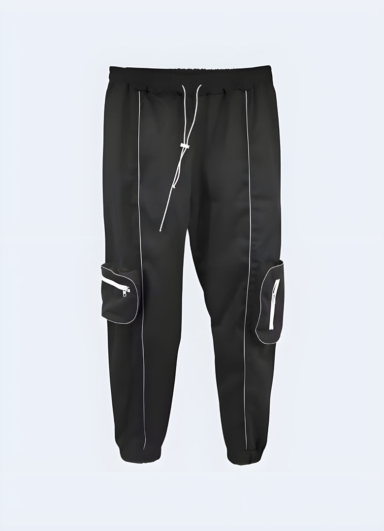 Black reflective cargo pants – Front view | Men's techwear streetwear trousers with reflective details for urban and cyberpunk fashion – Canada