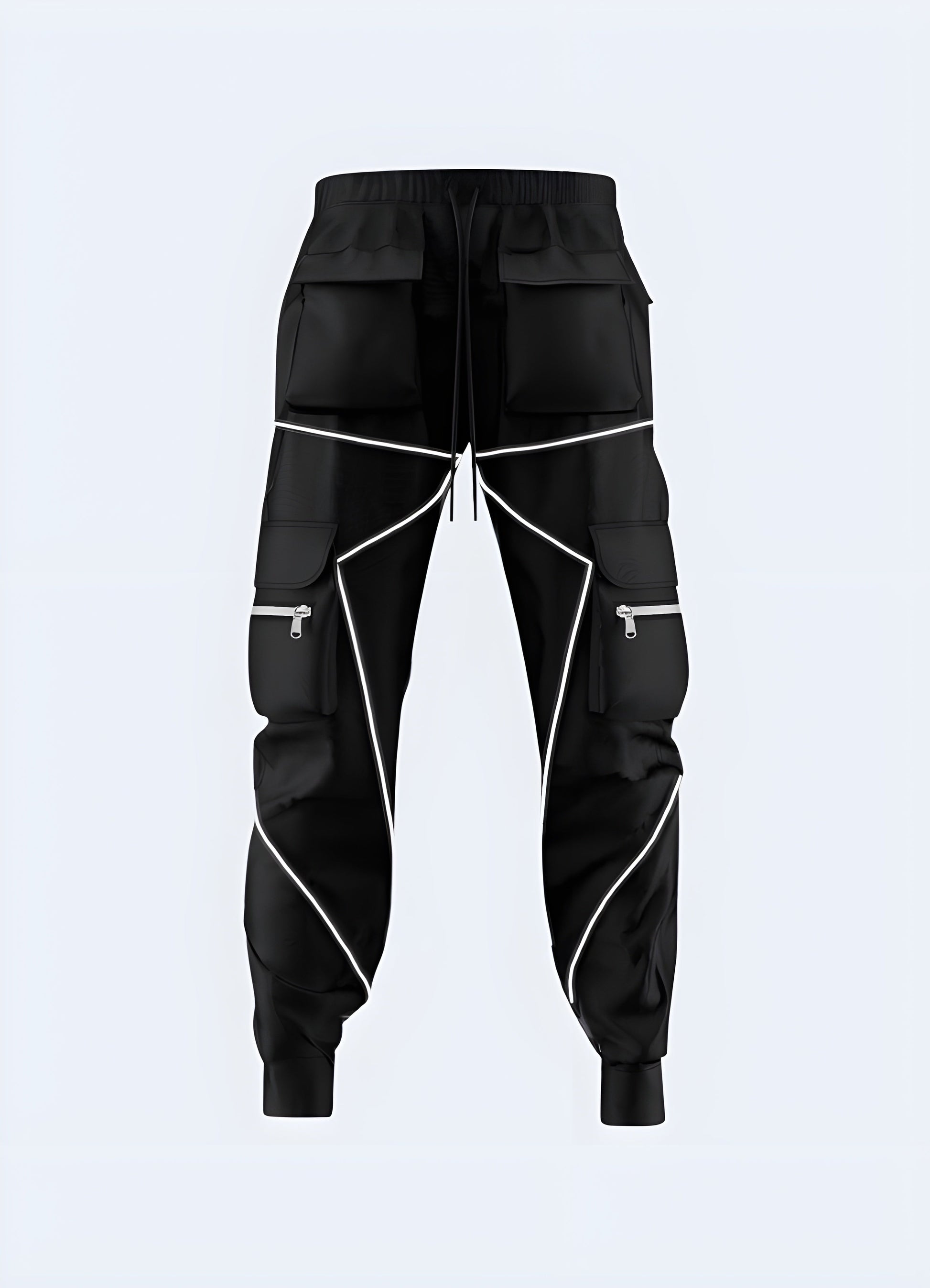 Front view of sophisticated black reflective pants in Canada, featuring a modern design and reflective elements that seamlessly blend fashion and functionality for urban adventures day or night.