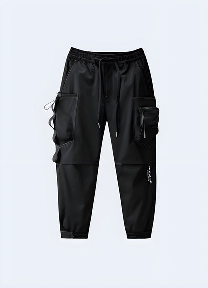 Front view of black skinny cargo pants in Canada, featuring a streamlined design and durable construction, perfect for those seeking a stylish and functional addition to their everyday attire.