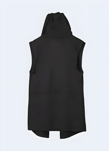 Back view of a black sleeveless cloak showcasing its unique silhouette, durable construction, and versatile style, ideal for expressing personal fashion and staying comfortable in Canada's dynamic city environments.