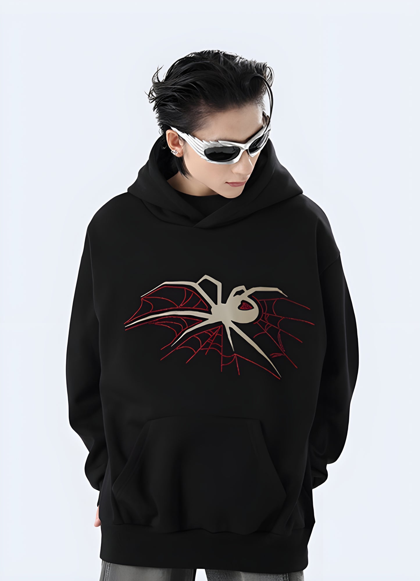 Black spider goth fleece hoodie available in Canada, perfect for adding a dark and edgy touch to your style.