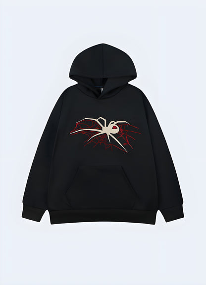 Black spider goth fleece hoodie front view available in Canada, highlighting its unique design and Gothic-inspired aesthetic.