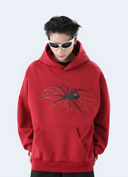 Black spider on red goth fleece hoodie available in Canada, perfect for adding a dark and edgy touch to your style.