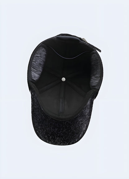 Grey back side view of black street fur cap for men, Canada. Fashionable and functional fur cap for street style.