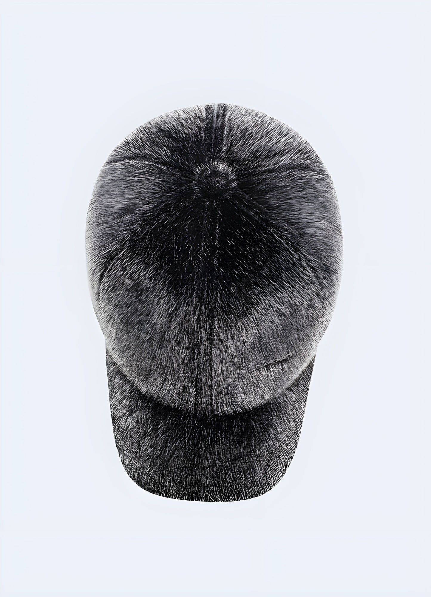 Grey front view of black street fur cap for men, Canada. Modern and warm cap for a sleek winter look.