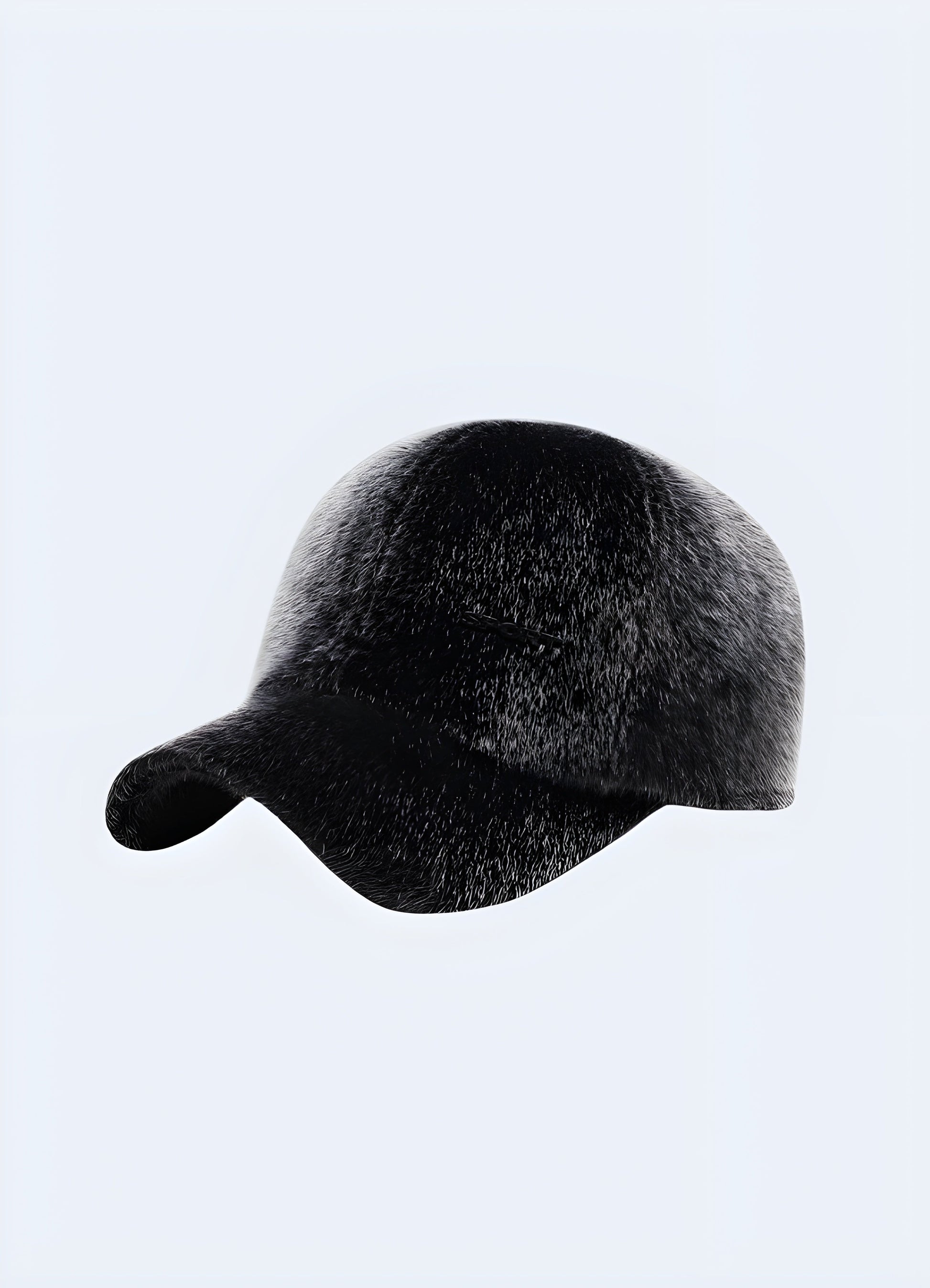 Grey side view of black street fur cap for men, Canada. Cozy and trendy accessory for cold weather.