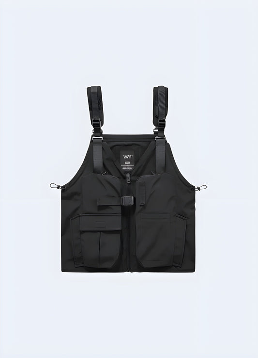 Black tactical vest apron with multiple pockets and a sleek design, perfect for streetwear fashion, urban exploration, and everyday wear.