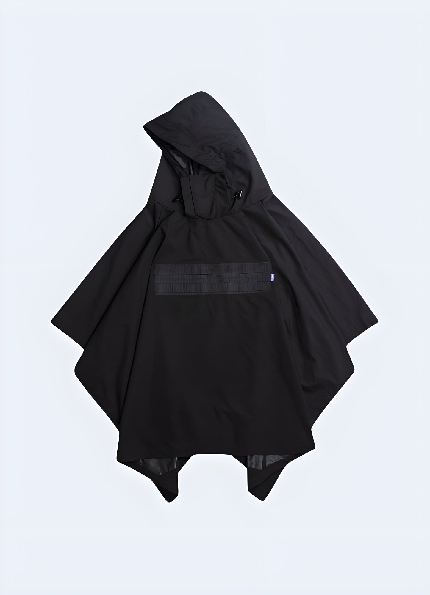 Model showcasing the front view of a black tactical cloak, highlighting its sleek design and adaptable style, perfect for outdoor enthusiasts and urban explorers in the Canada.