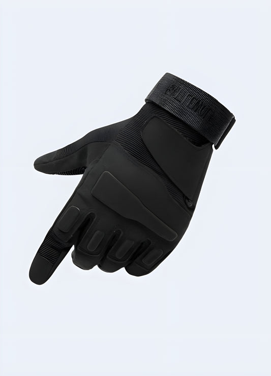 Black tactical gloves displayed from the front view, emphasizing their rugged design and reinforced features Canada.