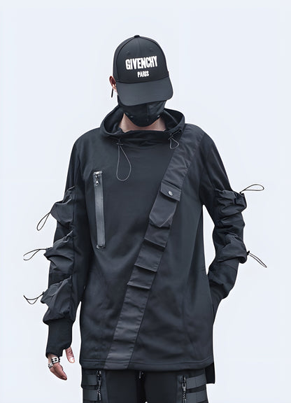 Black tactical hoodie available in Canada, providing durability and functionality for outdoor activities and urban wear.