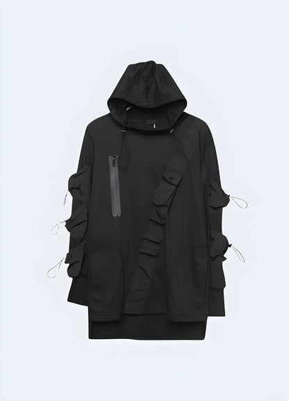 Front view of the black tactical hoodie in Canada, showcasing its rugged design and practical features for various activities.