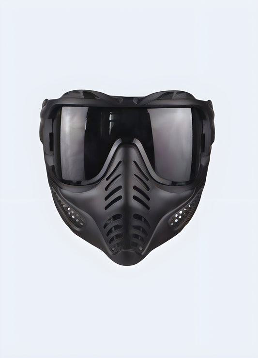 A front view of a black tactical mask, designed for protection and functionality, available in Canada.