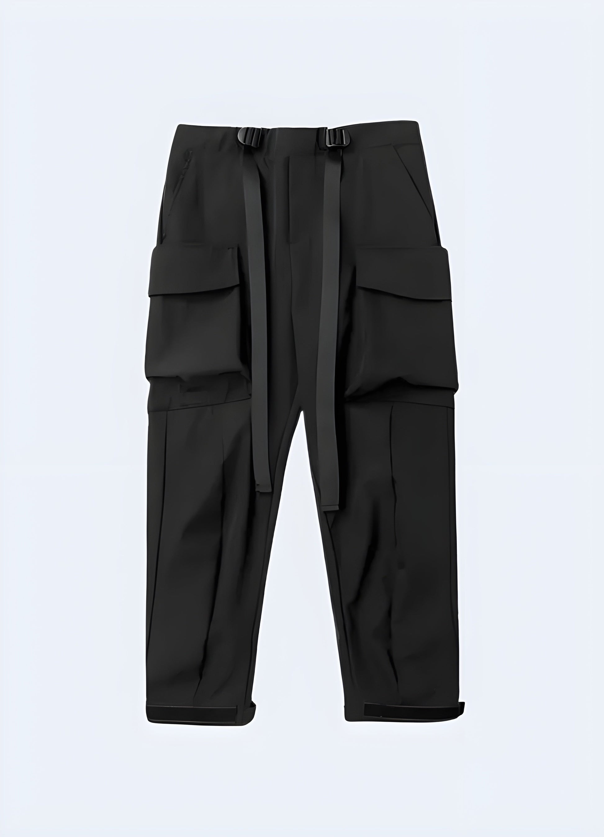 Front view of sleek black tactical pants featuring multiple pockets and reinforced panels, ideal for urban adventures and tactical situations in Canada