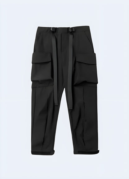 Front view of sleek black tactical pants featuring multiple pockets and reinforced panels, ideal for urban adventures and tactical situations in Canada