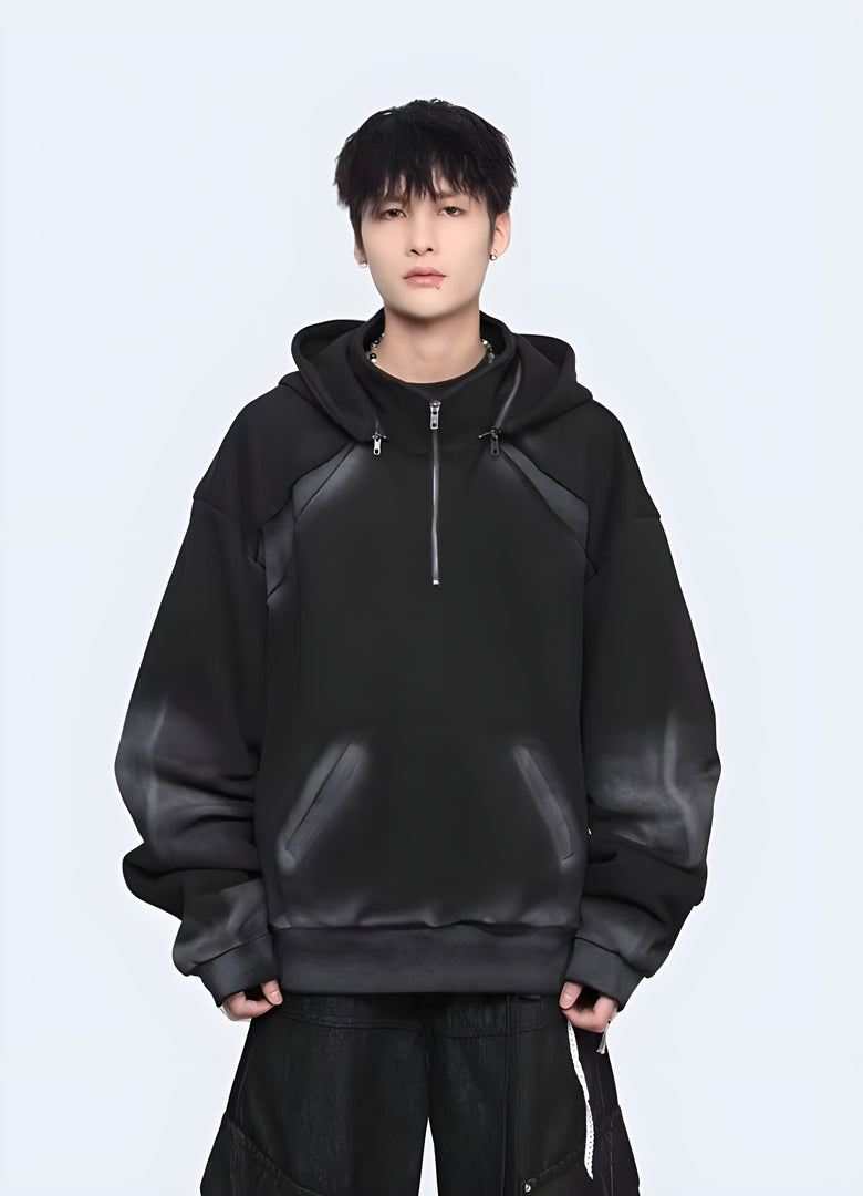 Front view of black tech fleece hoodie in Canada – modern streetwear hoodie with sleek design.