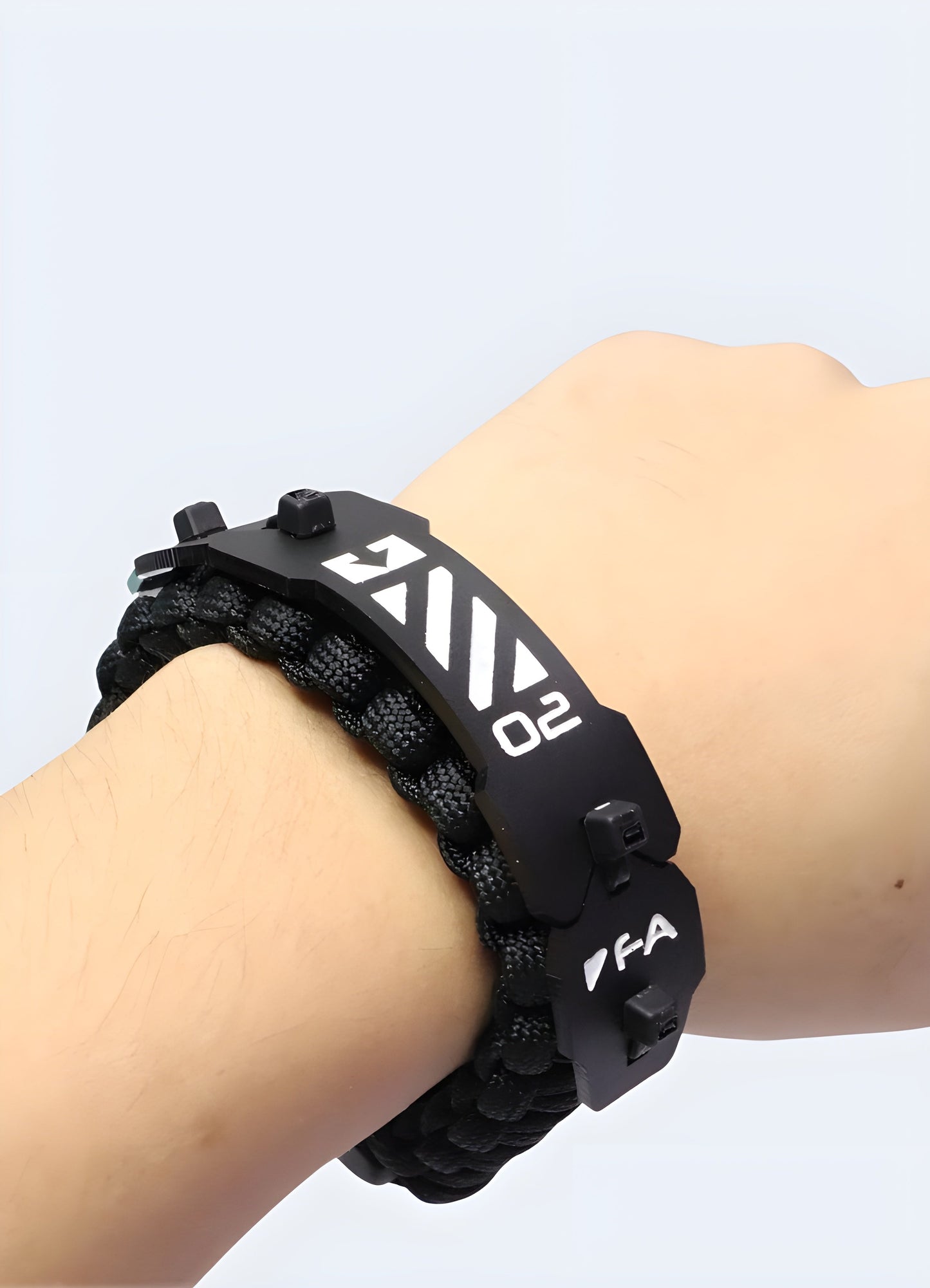 Front view of a black techwear cyberpunk bracelet being worn, from the Canada, showcasing its sleek and futuristic design.