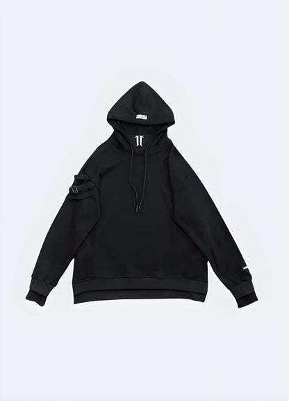 Front view of the black techwear hoodie in Canada, highlighting its stylish aesthetic and functional features.